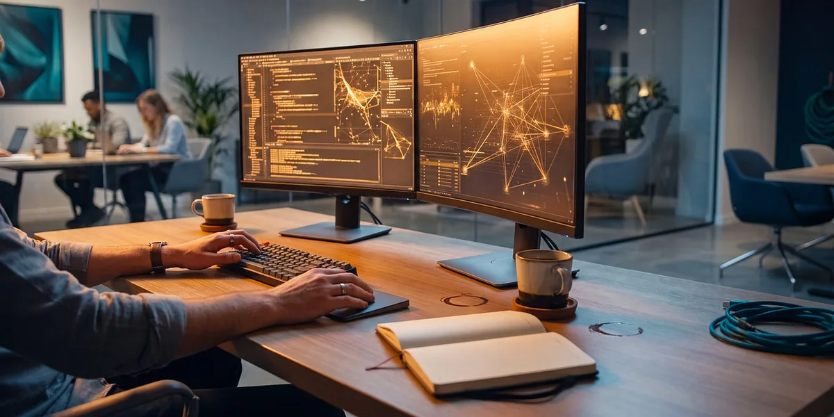 A developer working across two screens in a modern office