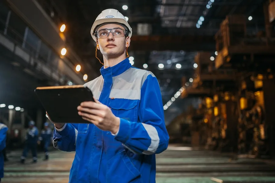 An engineer using a tablet on a plant floor